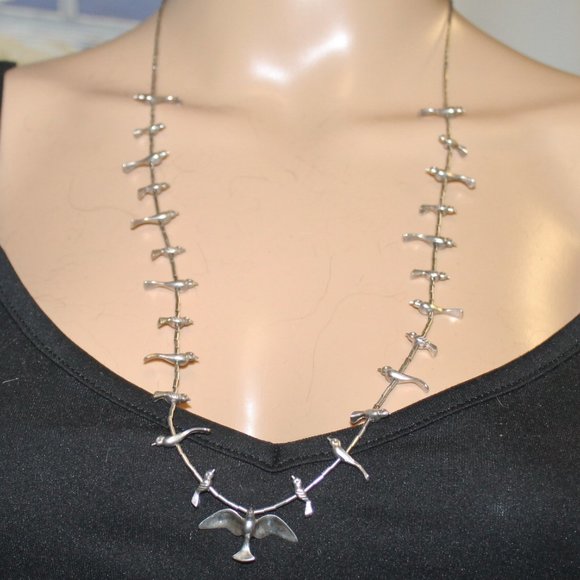 Handmade Jewelry - Handmade Mexico Zuni Peyote Thunderbird Solid 925 Sterling Fluted Bead Necklace
